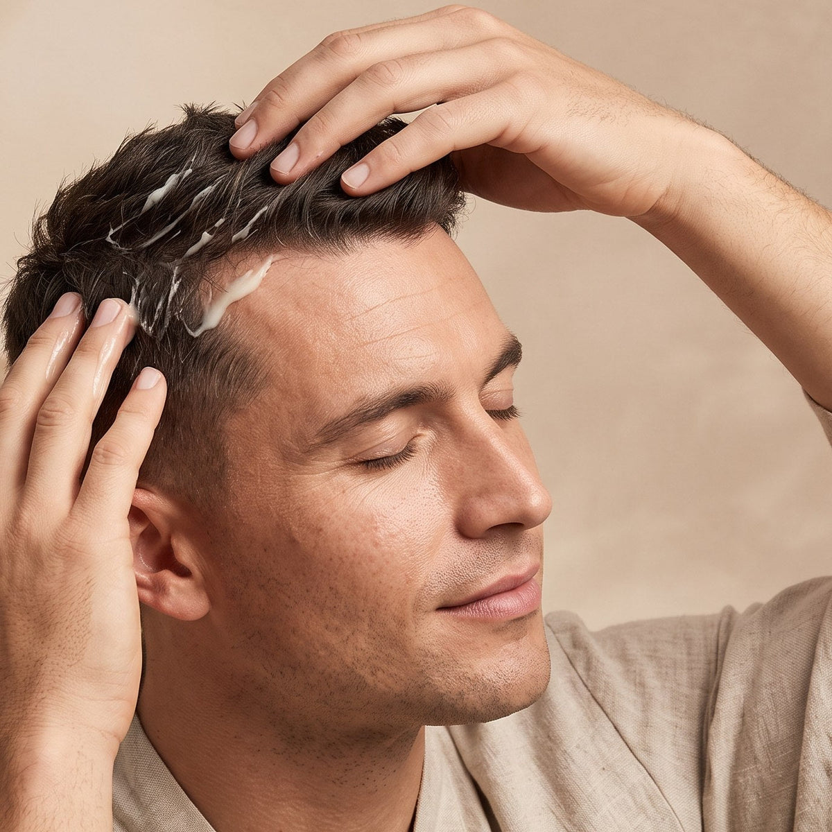 Man applying Minoxicapil anti-hair loss treatment to his scalp