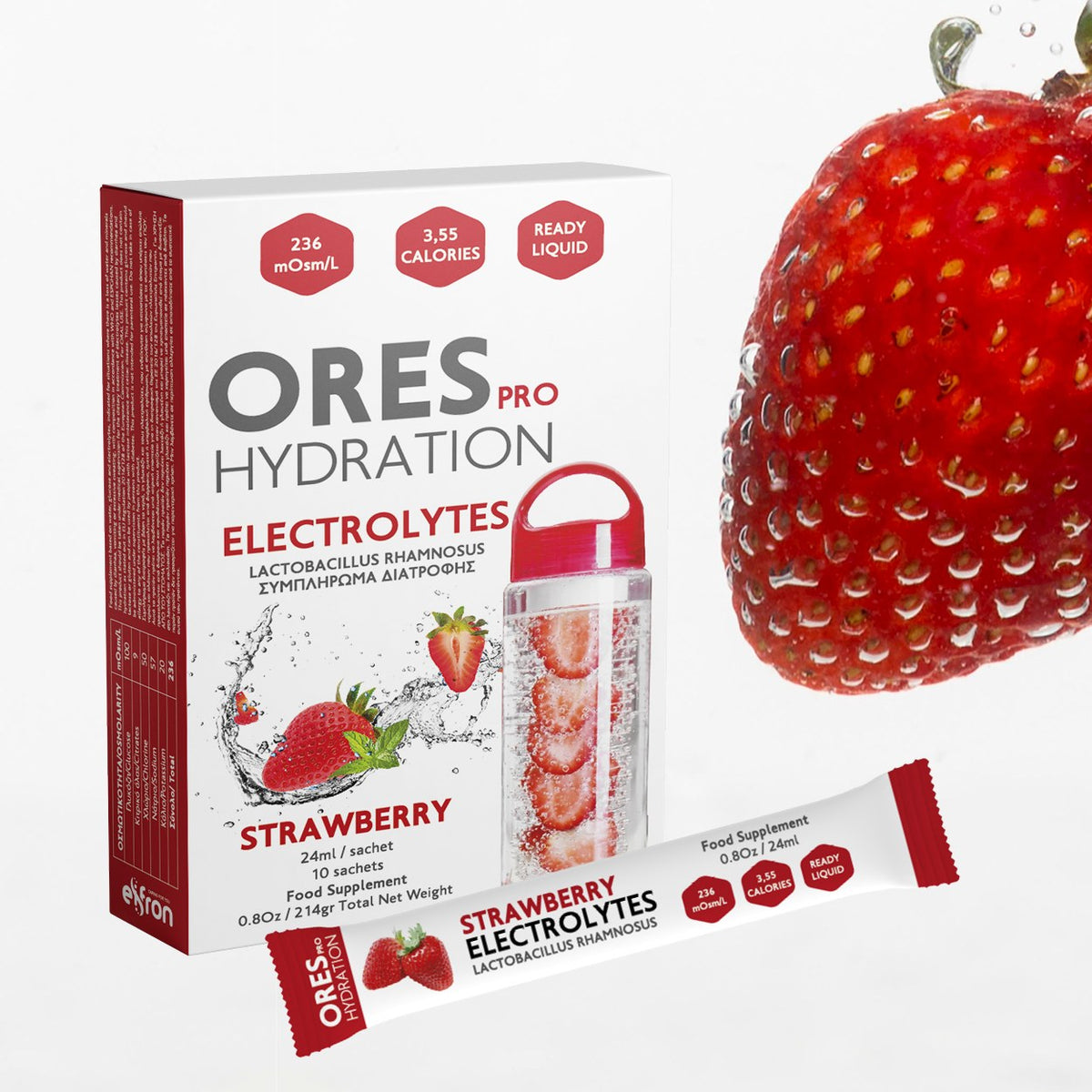 ORES Pro Hydration electrolytes with probiotics, strawberry, box of 10 sachets