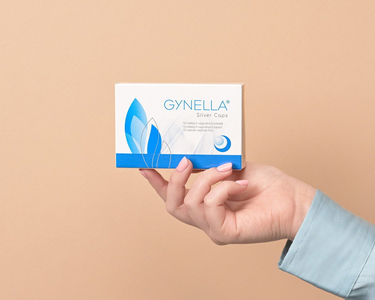 Gynella Silver Caps box held in hand