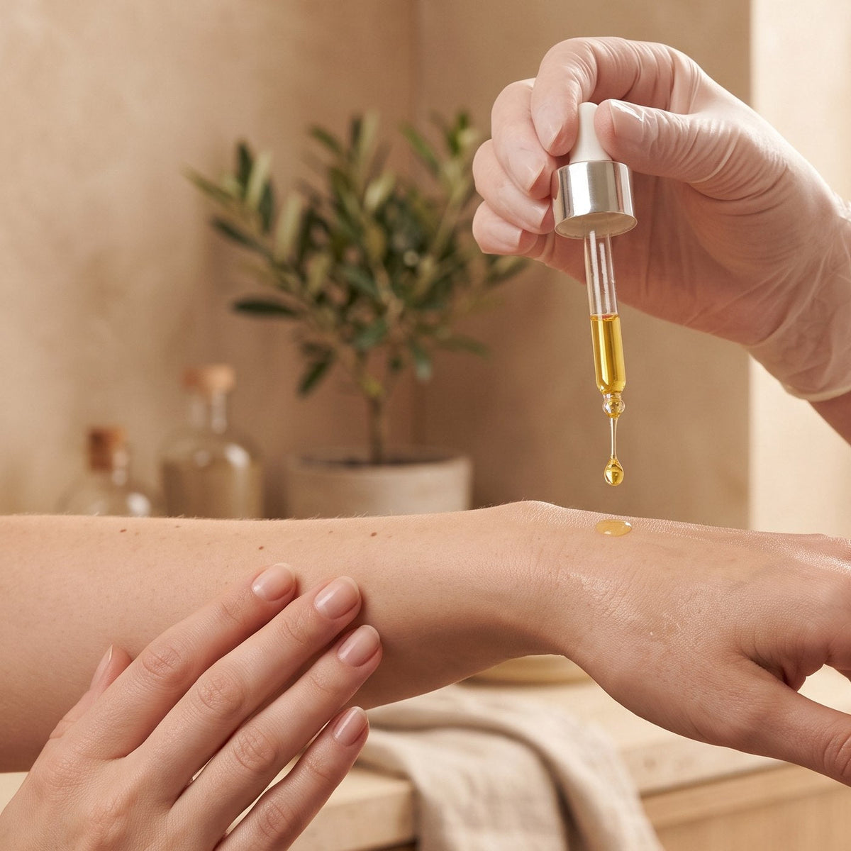 Applying a drop of Hyperoil on the skin