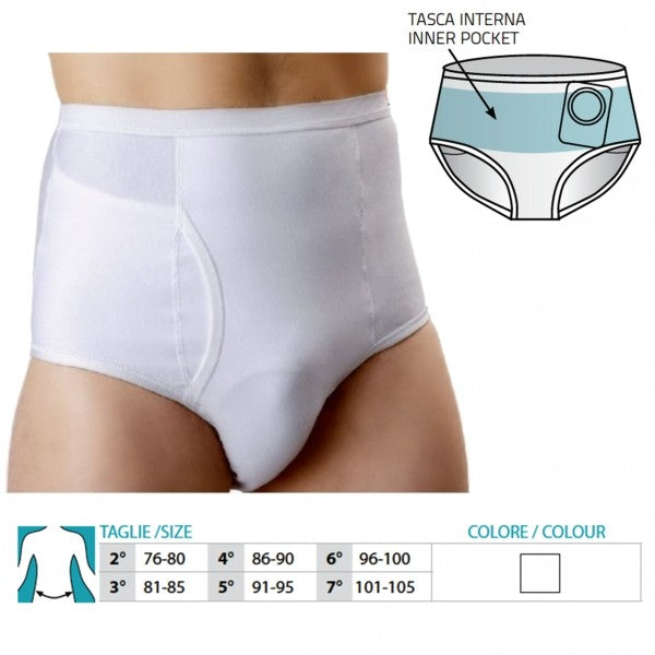 Orione 556 men's ostomy briefs with inner pocket, white